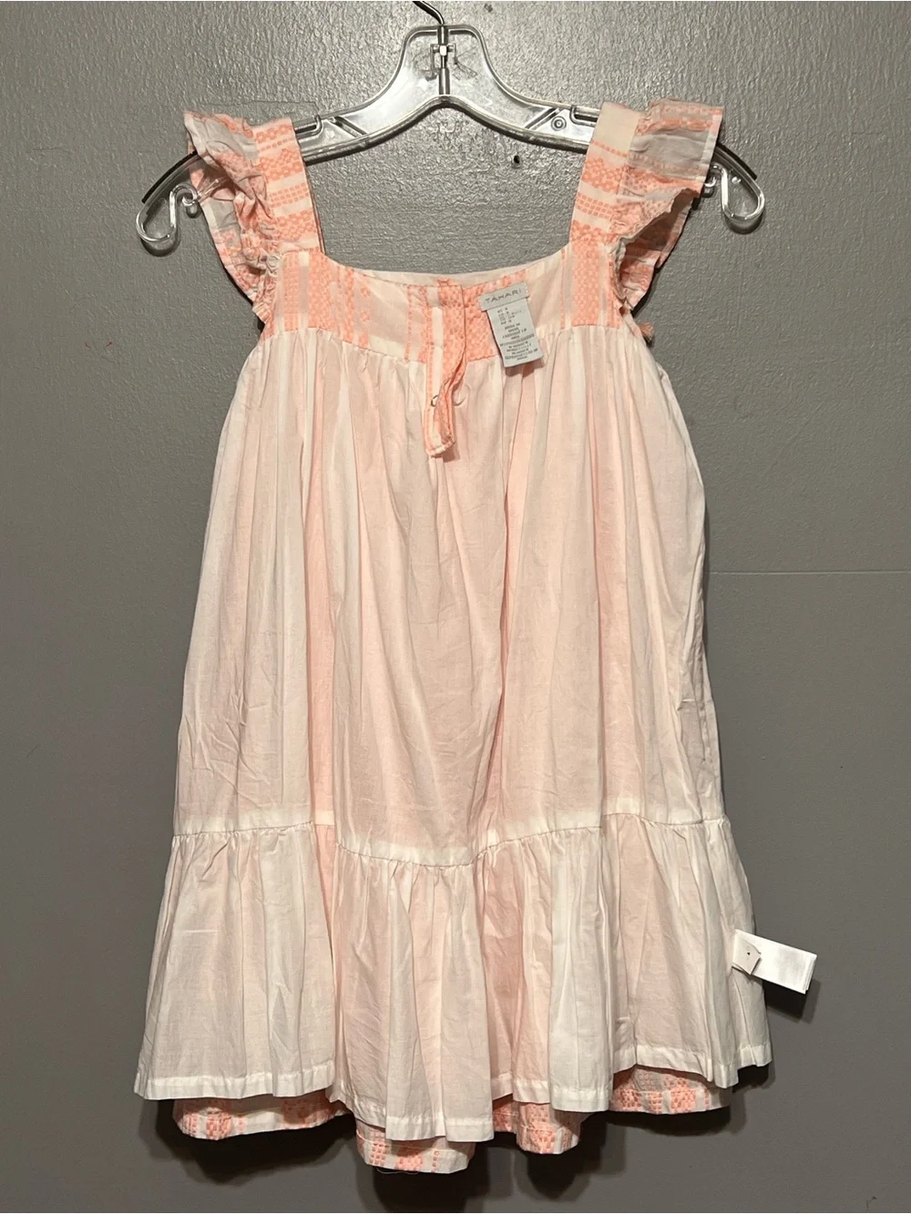Tahari Cotton Embroidered Flutter Sleeve Dress Peach & Ivory Square Neck Size 8